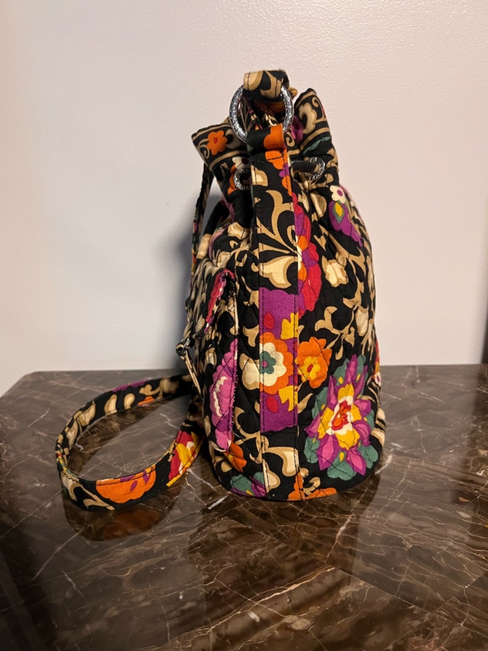 Vera Bradley Quilted Floral Drawstring Crossbody Bag Black and multicolor bucket - Picture 5 of 14